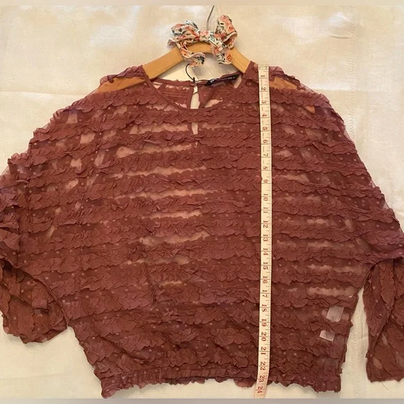 Zara ruffled sheer, pink/mauve long sleeve blouse boho-size L, NWT Easter color - Picture 4 of 10